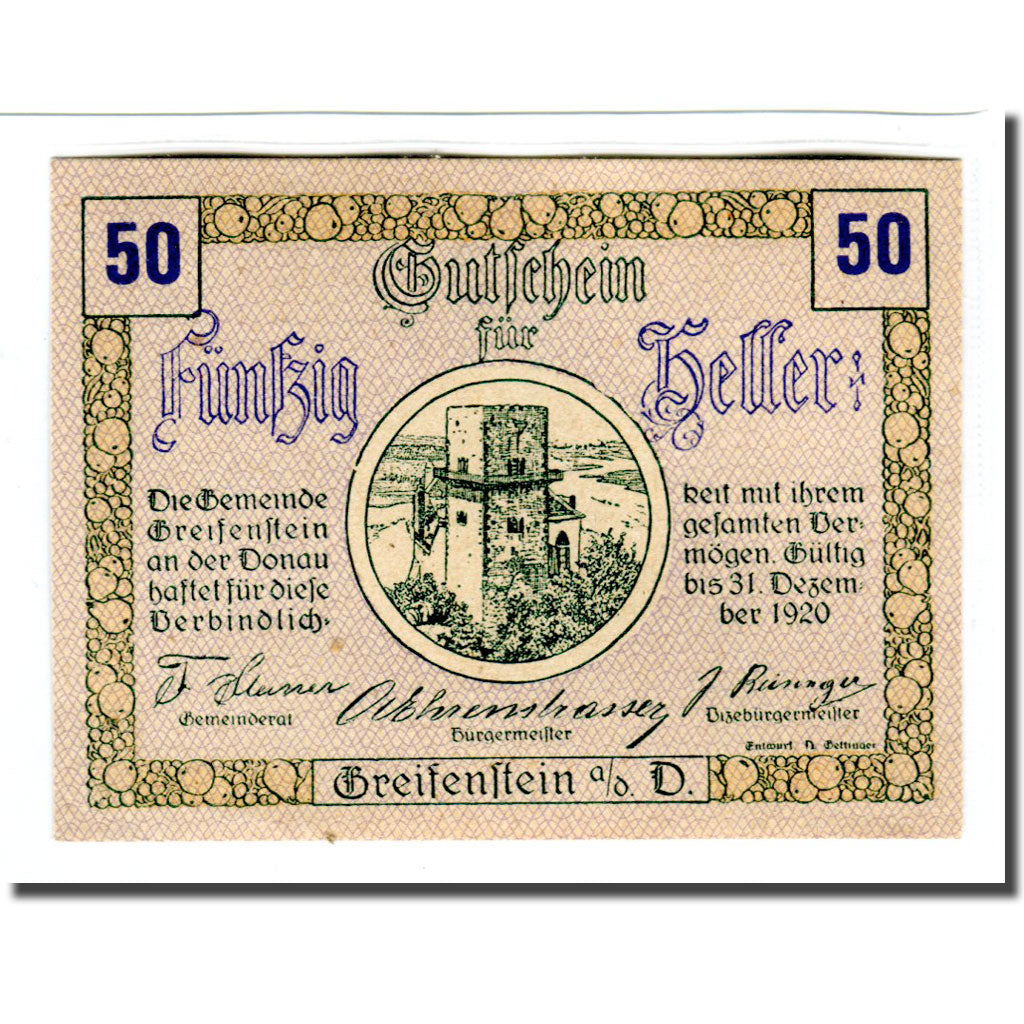 Banknote, Austria, Greifenstein N.Ö. Gemeinde, 50 Heller, Texte  5, 1920