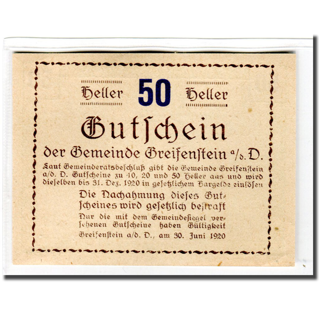 Banknote, Austria, Greifenstein N.Ö. Gemeinde, 50 Heller, Texte  5, 1920