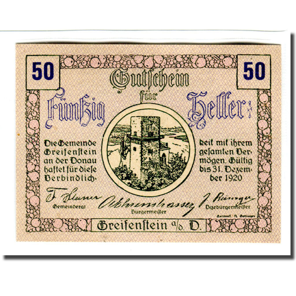 Banknote, Austria, Greifenstein N.Ö. Gemeinde, 50 Heller, Texte 6, 1920