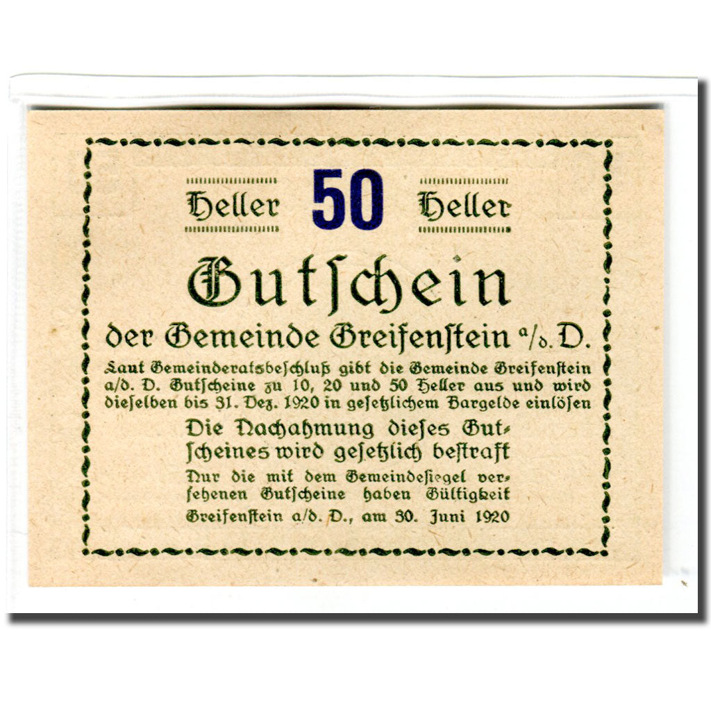 Banknote, Austria, Greifenstein N.Ö. Gemeinde, 50 Heller, Texte 6, 1920