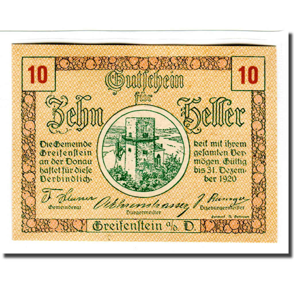 Banknote, Austria, Greifenstein N.Ö. Gemeinde, 10 Heller, Texte 7, 1920