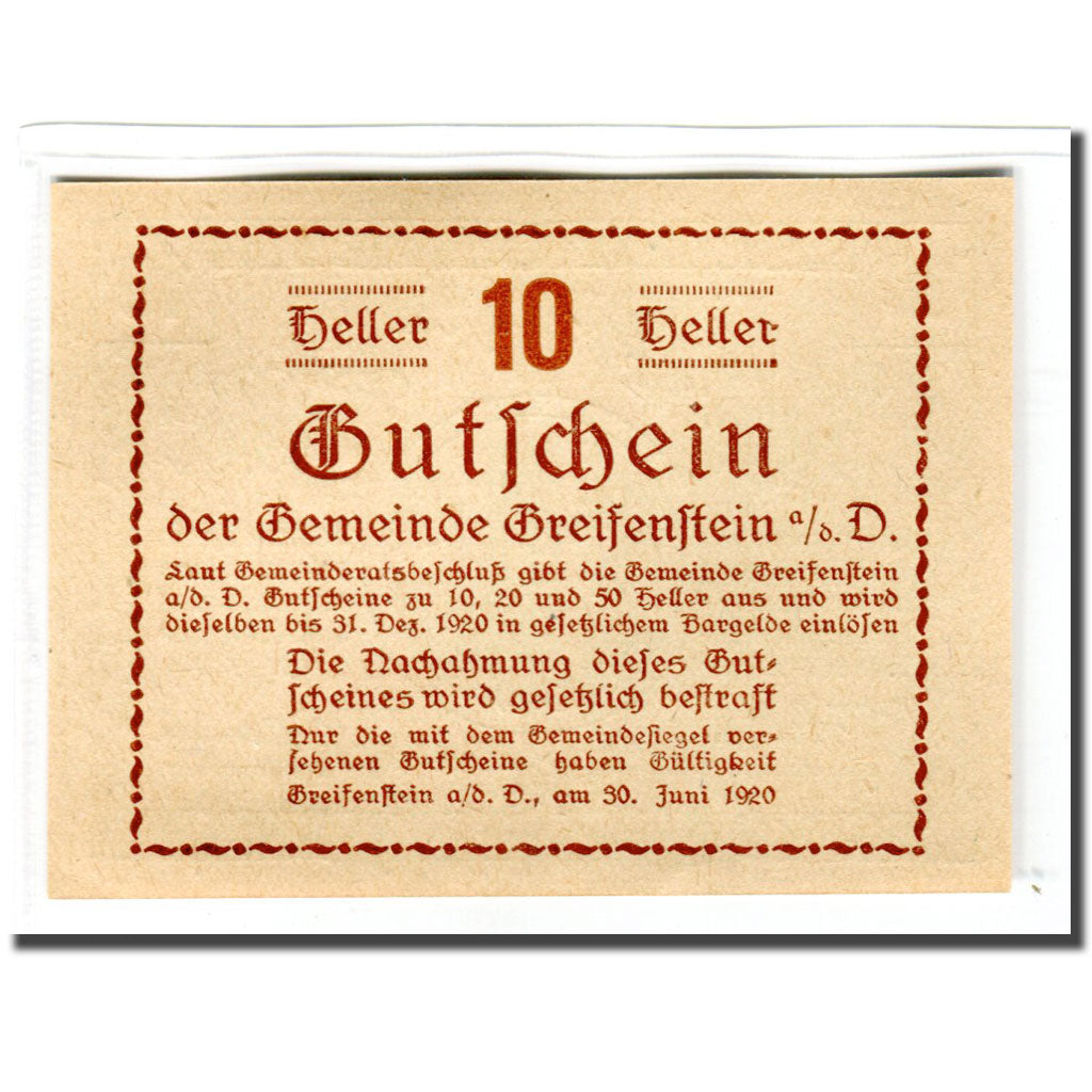 Banknote, Austria, Greifenstein N.Ö. Gemeinde, 10 Heller, Texte 7, 1920