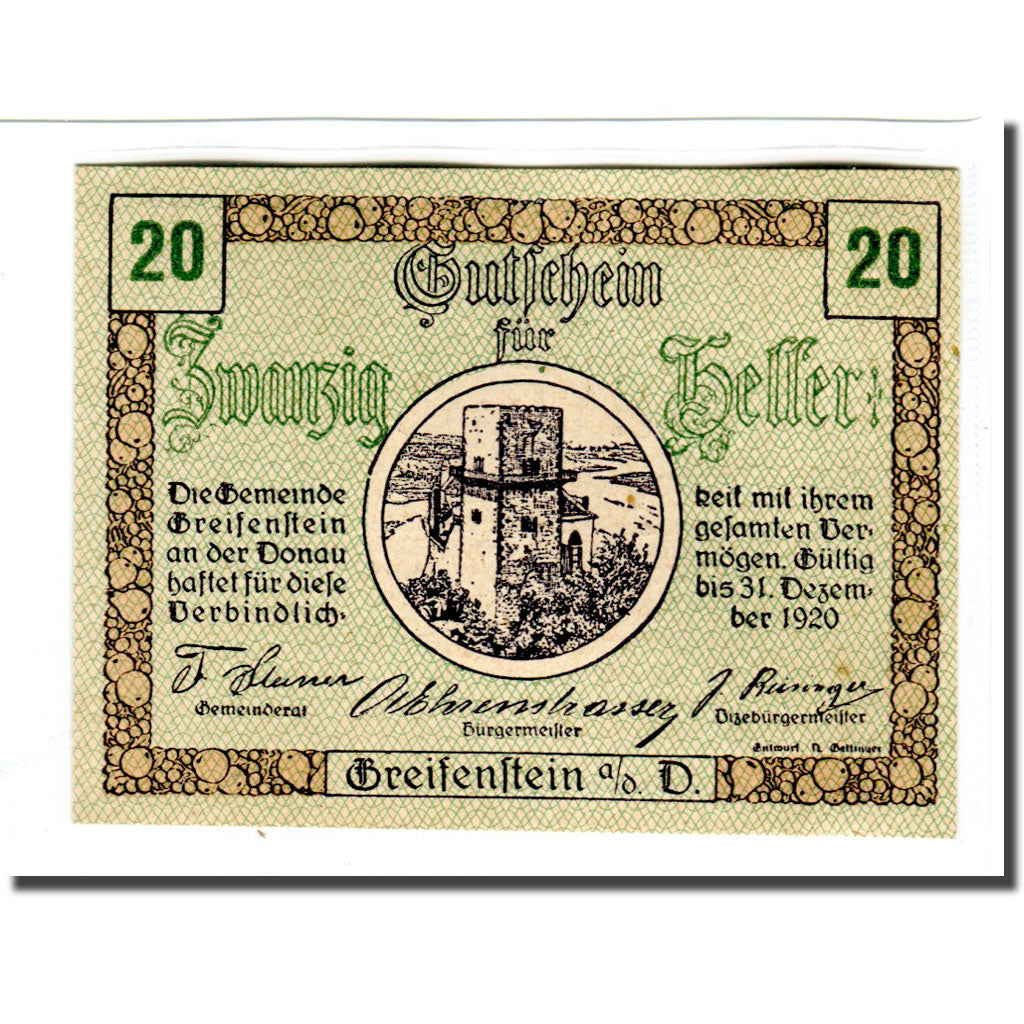 Billet, Autriche, Greifenstein N.Ö. Gemeinde, 20 Heller, Texte 8, 1920