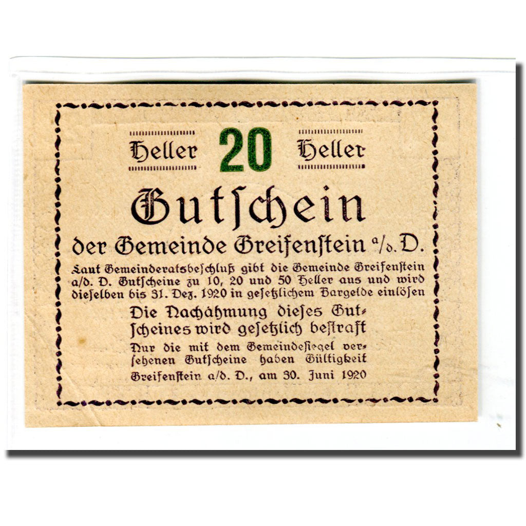 Billet, Autriche, Greifenstein N.Ö. Gemeinde, 20 Heller, Texte 8, 1920