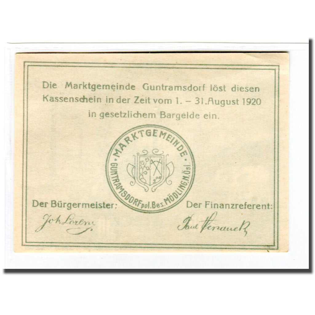 Banknote, Austria, Guntramsdorf N.Ö. Marktgemeinde, 30 Heller, Blason, 1920