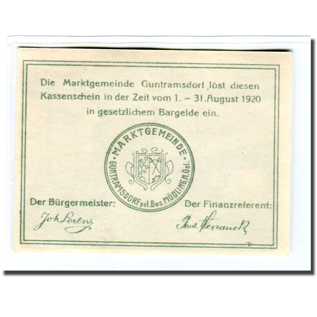 Banknote, Austria, Guntramsdorf N.Ö. Marktgemeinde, 50 Heller, Blason 1, 1920
