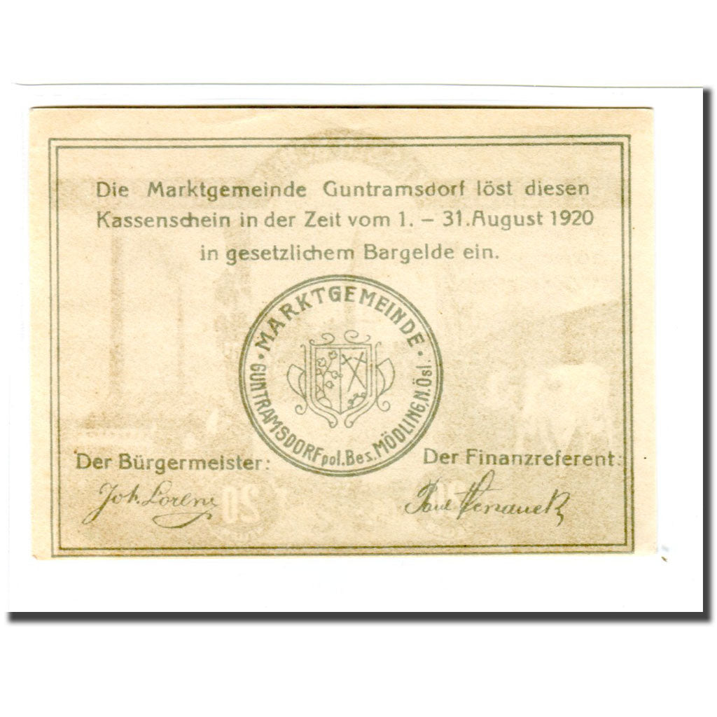 Banknote, Austria, Guntramsdorf N.Ö. Marktgemeinde, 20 Heller, Blason 2, 1920