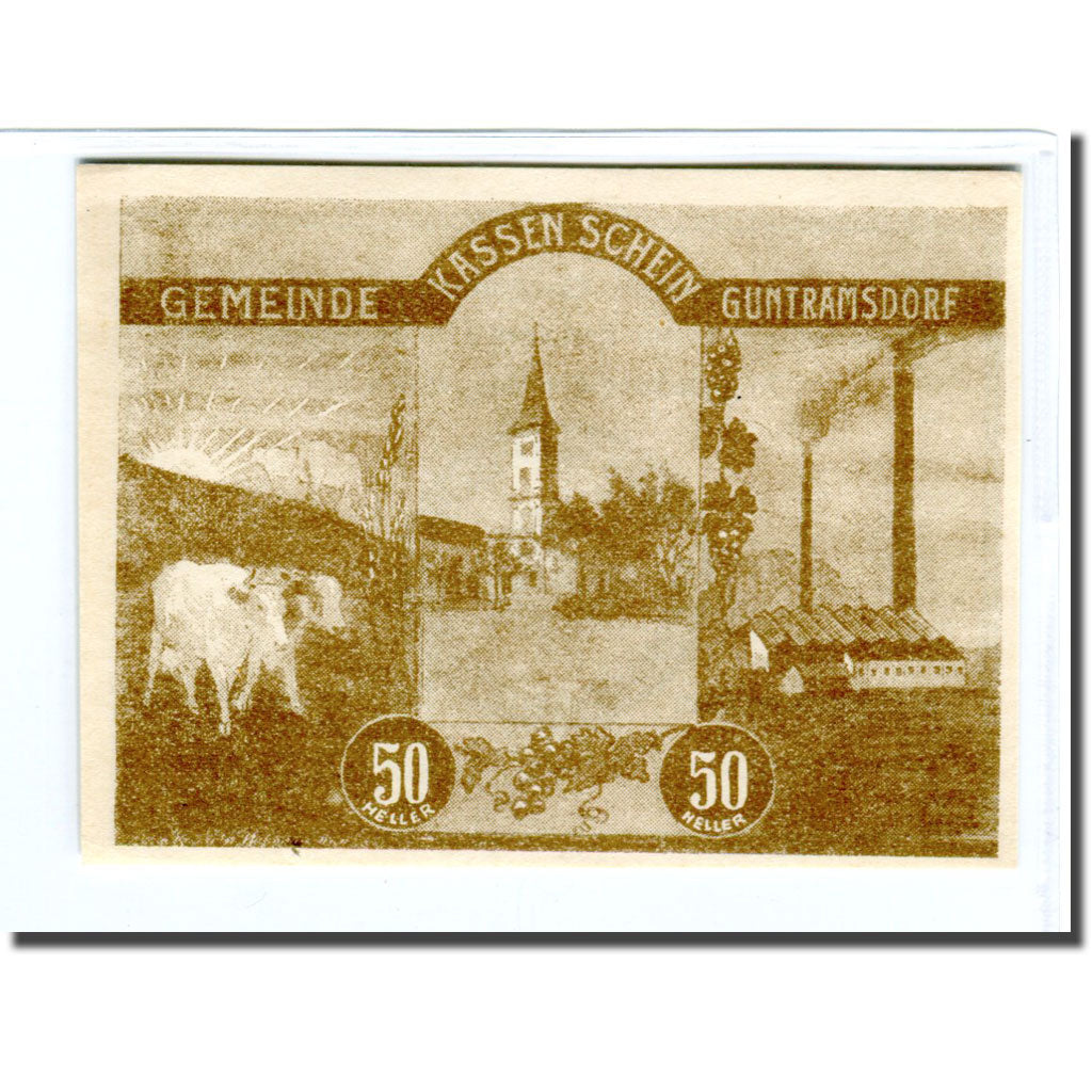 Nota, Áustria, Guntramsdorf N.Ö. Marktgemeinde, 50 Heller, Blason 3, 1920