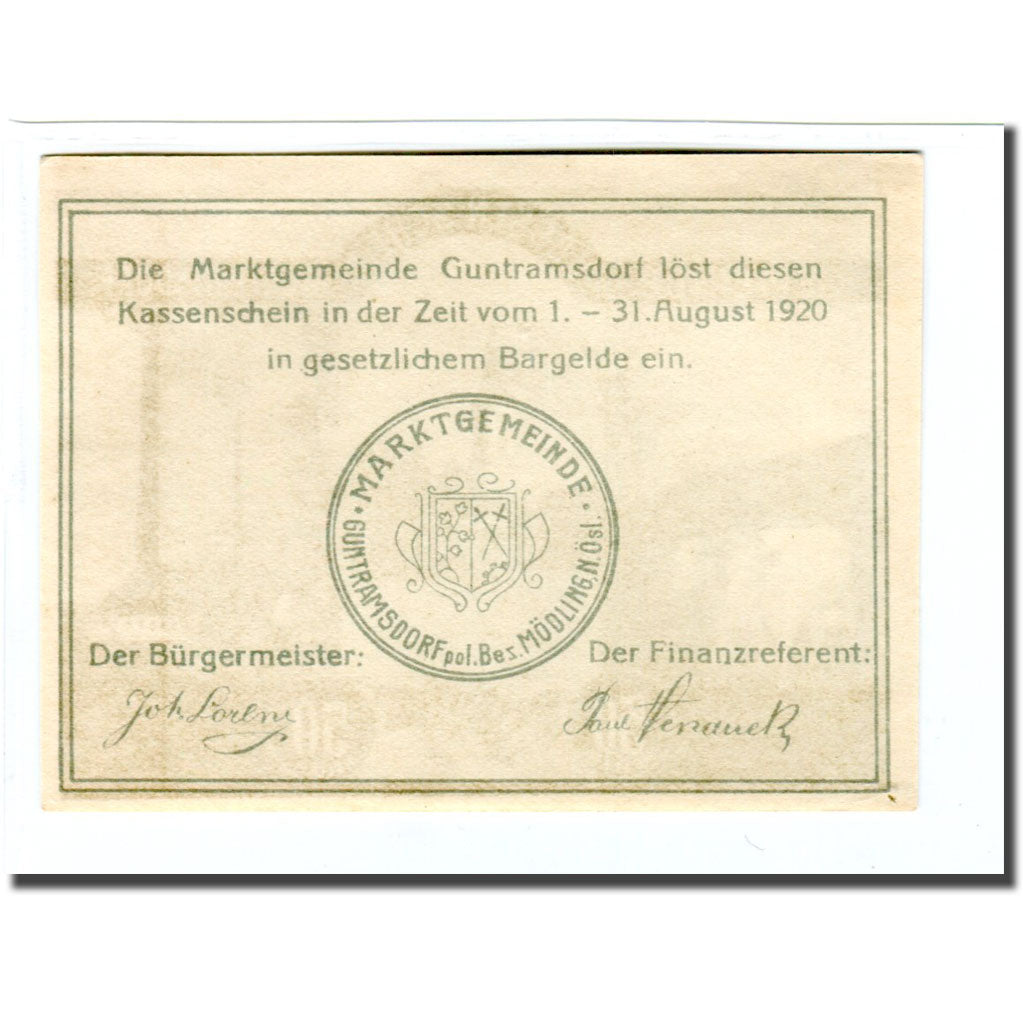 Nota, Áustria, Guntramsdorf N.Ö. Marktgemeinde, 50 Heller, Blason 3, 1920