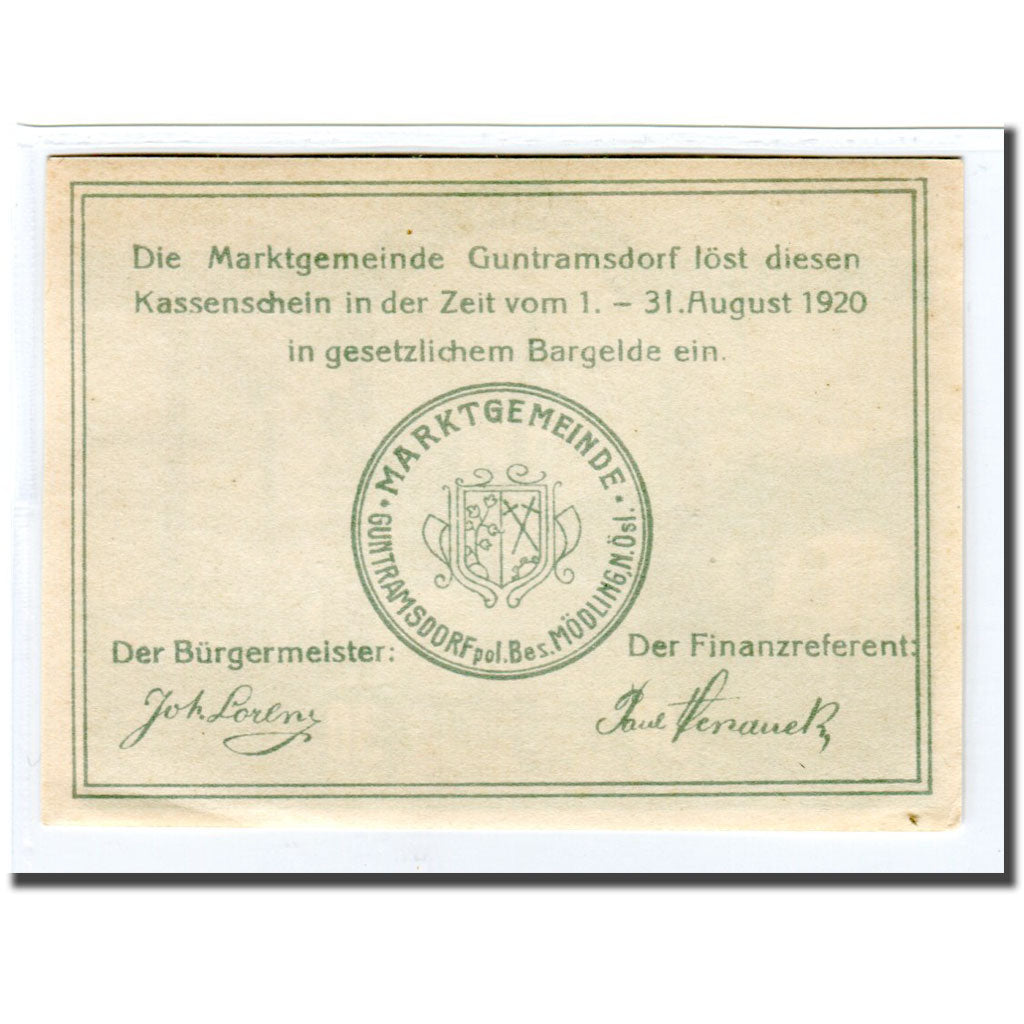 Banknote, Austria, Guntramsdorf N.Ö. Marktgemeinde, 30 Heller, Blason 5, 1920