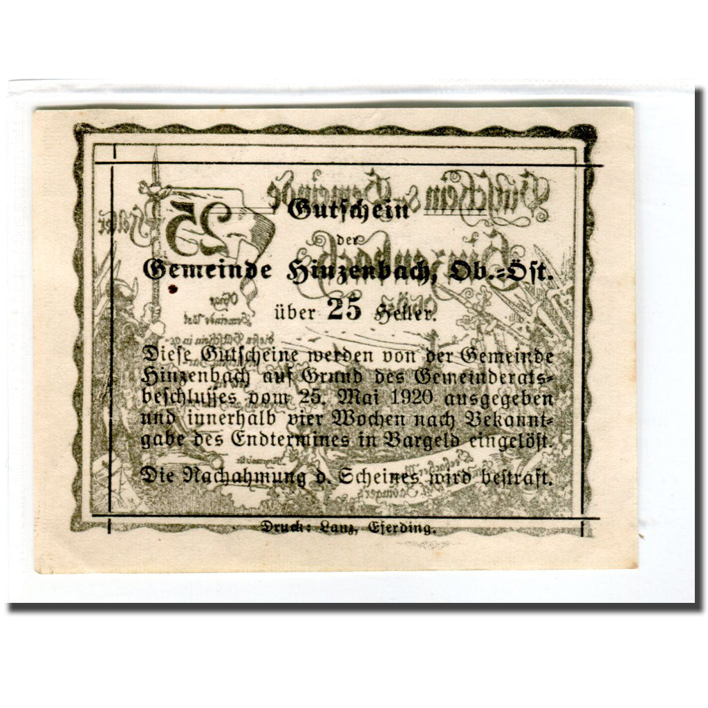 Banknote, Austria, Hinzenbach O.Ö. Gemeinde, 25 Heller, Texte, 1920
