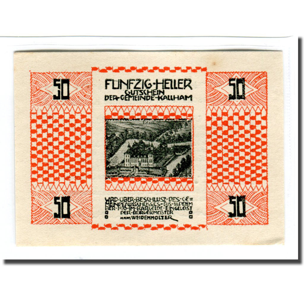 Nota, Áustria, Kallham, 50 Heller, Texte, 1920, UNC(63), Mehl:422a
