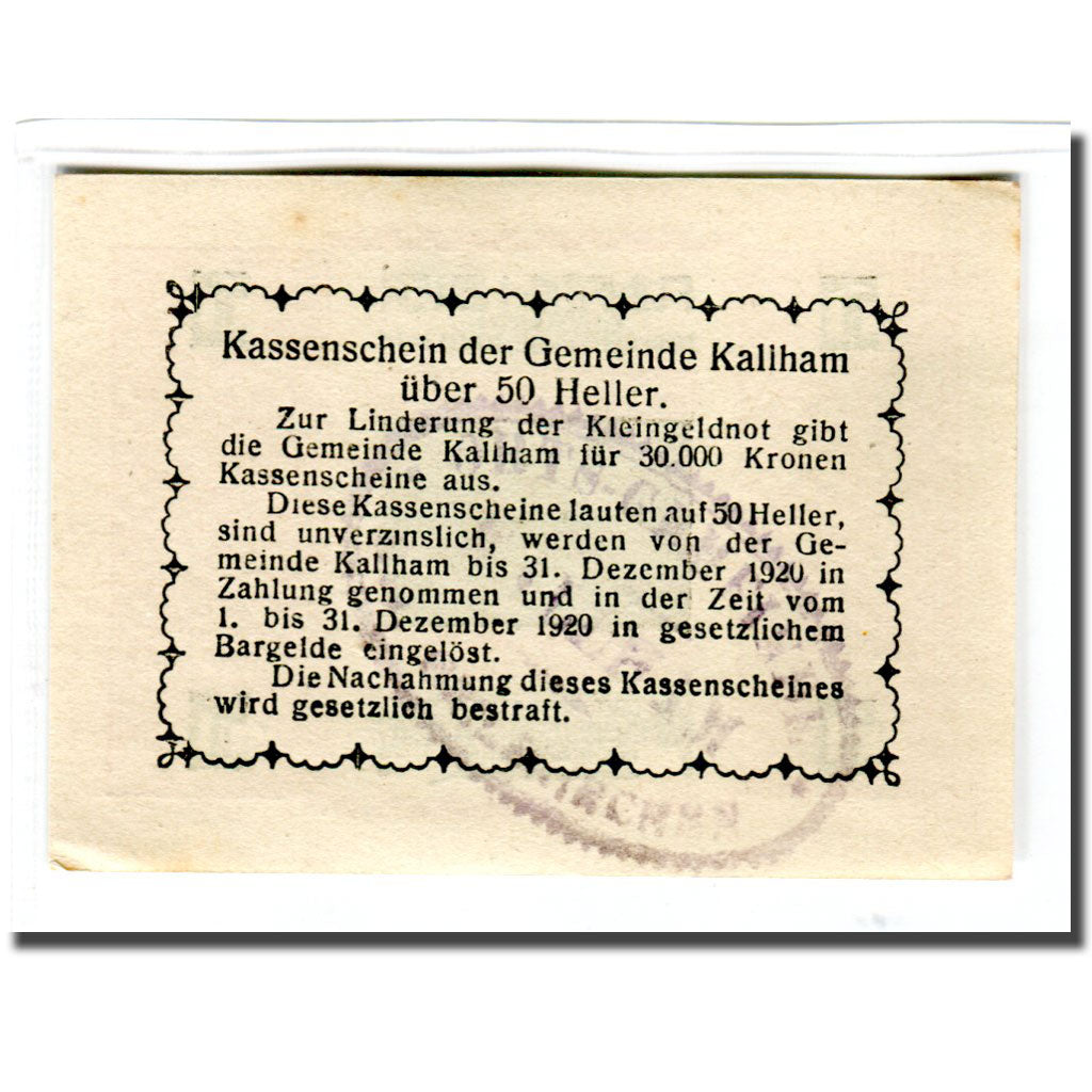 Nota, Áustria, Kallham, 50 Heller, Texte, 1920, UNC(63), Mehl:422a