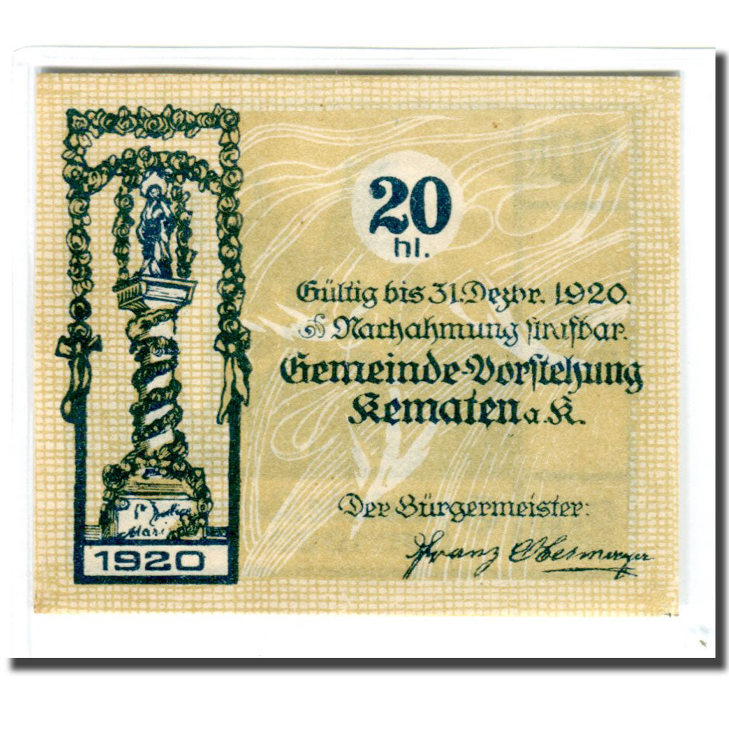 Geldschein, Österreich, Kematen an der Krems, 20 Heller, Monument, 1920, UNZ-