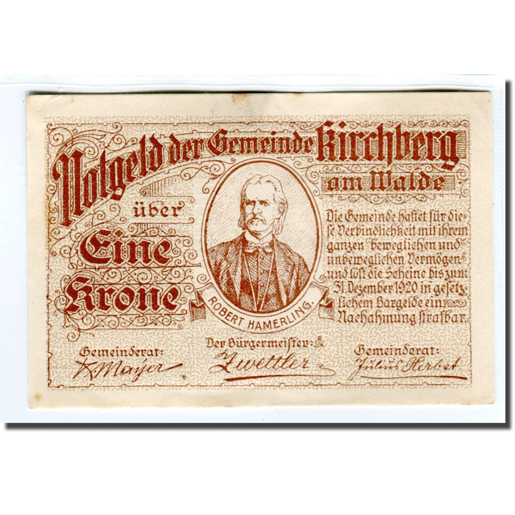 Nota, Áustria, Kirchberg, 1 Krone, texte 1, 1920, UNC(63), Mehl:440a