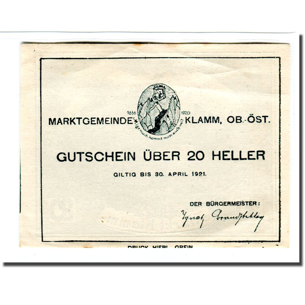 Banknote, Austria, Klamm, 20 Heller, paysage, 1921, UNC(63), Mehl:453a