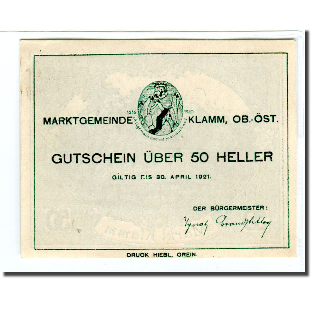 Banknote, Austria, Klamm, 50 Heller, paysage 1, 1921, UNC(63), Mehl:453a