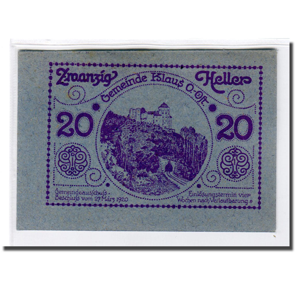 Banknote, Austria, Klaus, 20 Heller, Batiment, 1920, 1920-03-27, UNC(63)