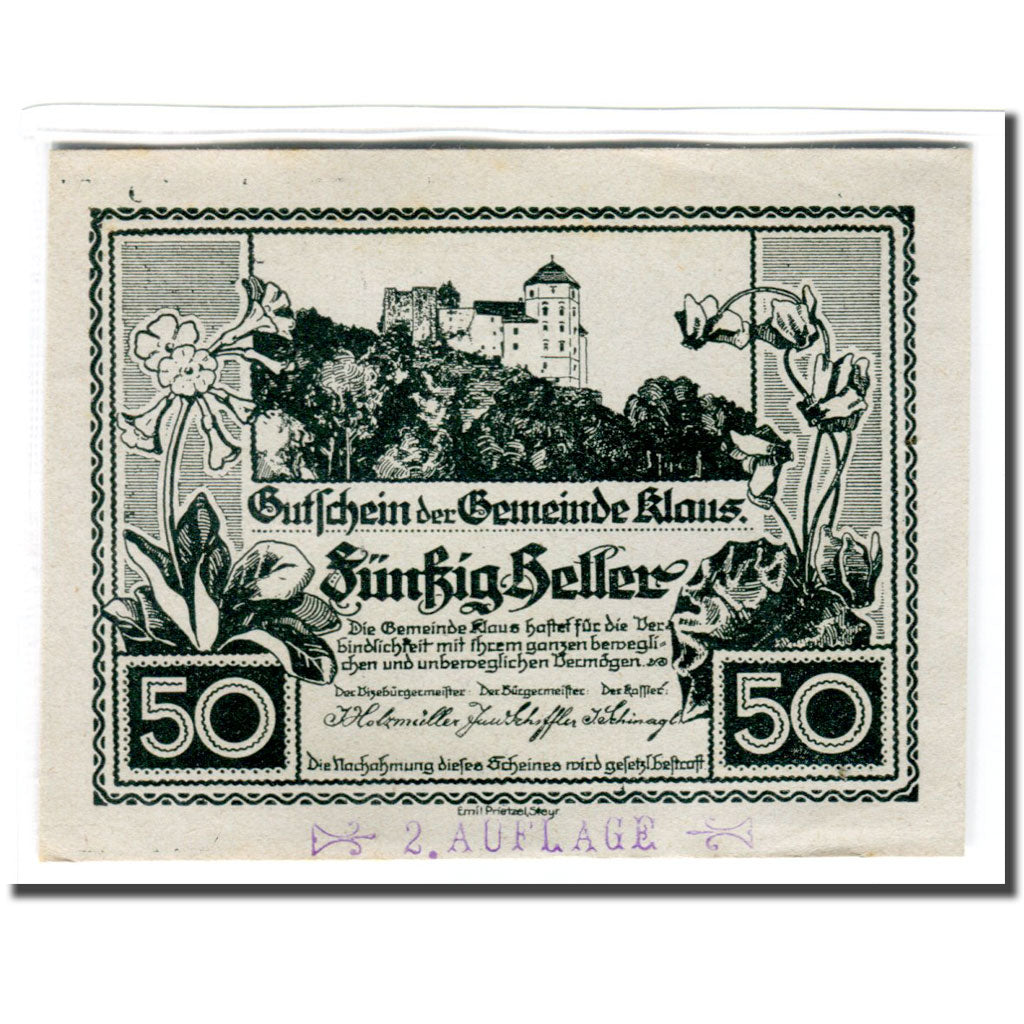 Geldschein, Österreich, Klaus, 50 Heller, batiment 1, 1920, 1920-03-27, UNZ-