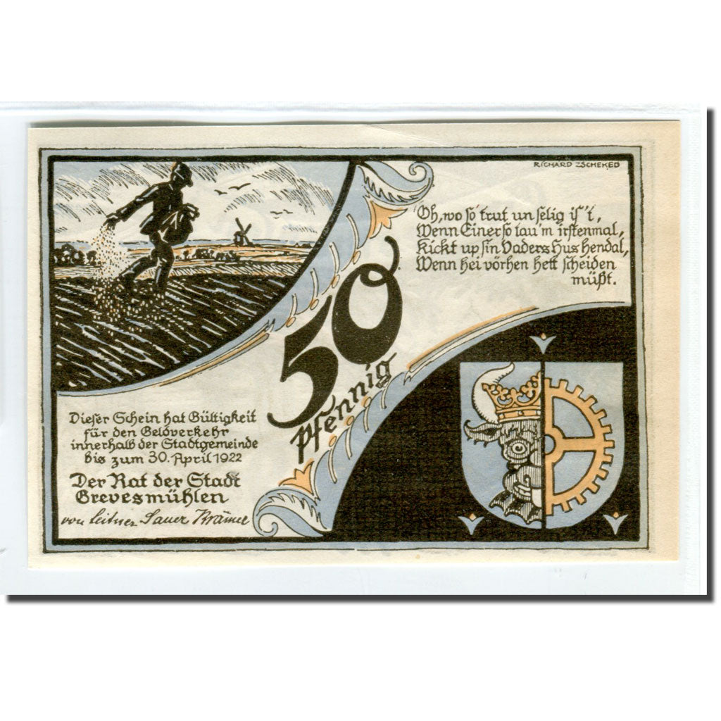 Banknote, Germany, Grevesmuhlen Stadt, 50 Pfennig, paysage, 1922, UNC(63)