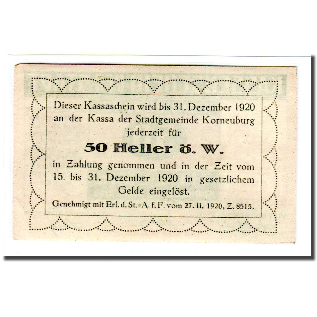 Banconote, Austria, Korneuburg, 50 Heller, Texte, 1920, SPL, Mehl:466a