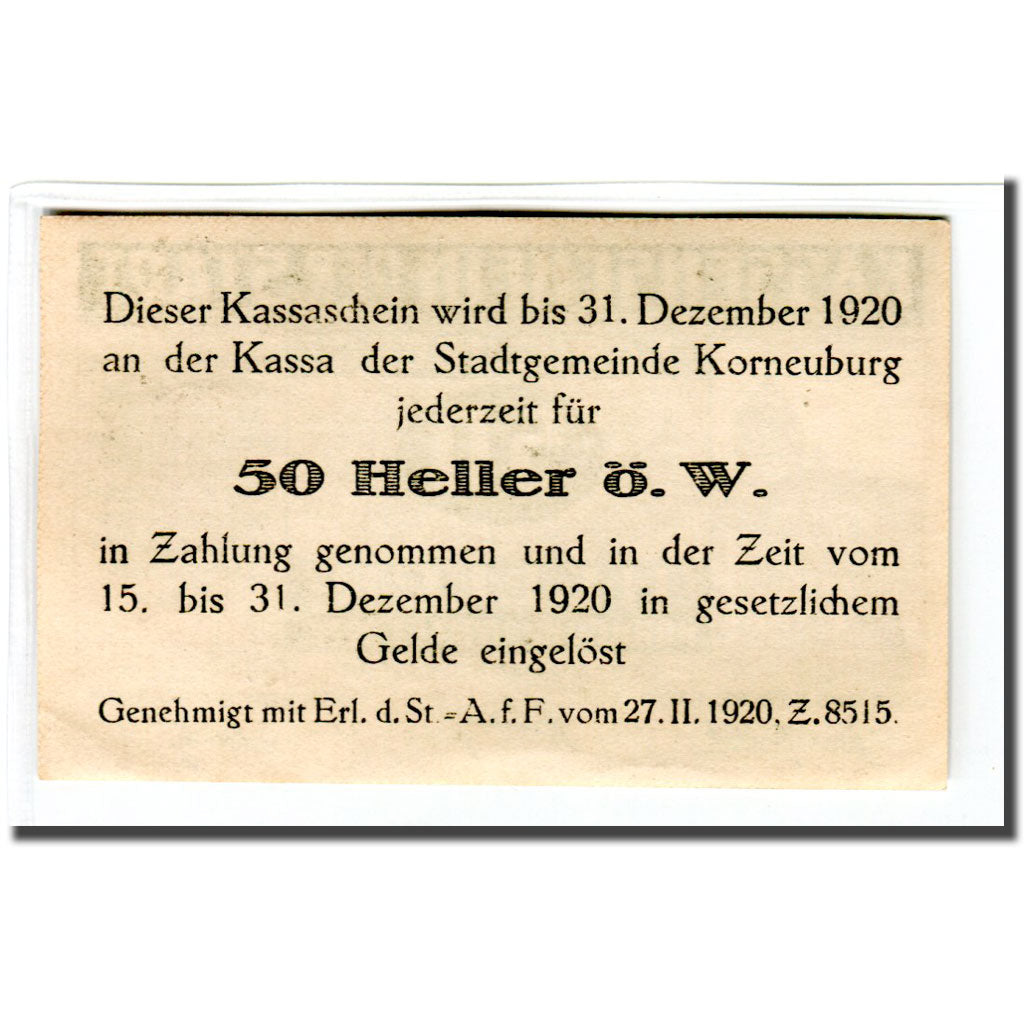 Banknote, Austria, Korneuburg, 50 Heller, texte 1, 1920, UNC(63), Mehl:466a