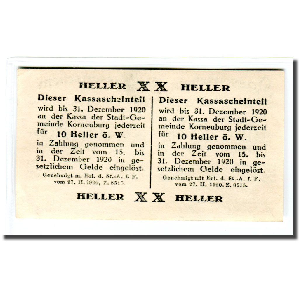 Banknote, Austria, Korneuburg, 20 Heller, Texte 2, 1920, UNC(63), Mehl:466a