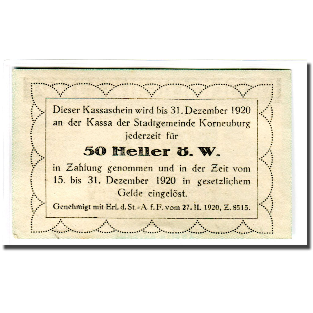 Banknote, Austria, Korneuburg, 50 Heller, Texte 3, 1920, UNC(63), Mehl:466b