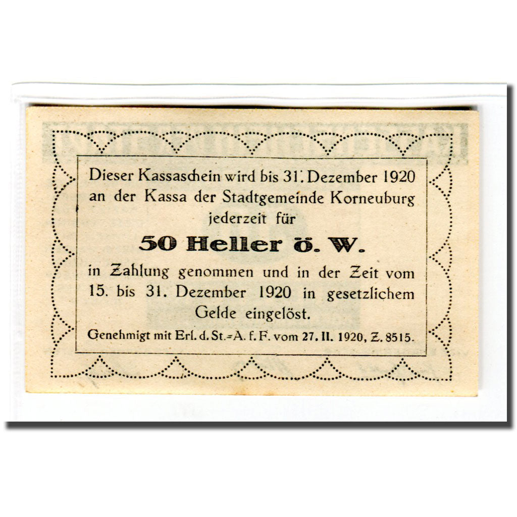 Banknote, Austria, Korneuburg, 50 Heller, Texte 4, 1920, UNC(63), Mehl:466b