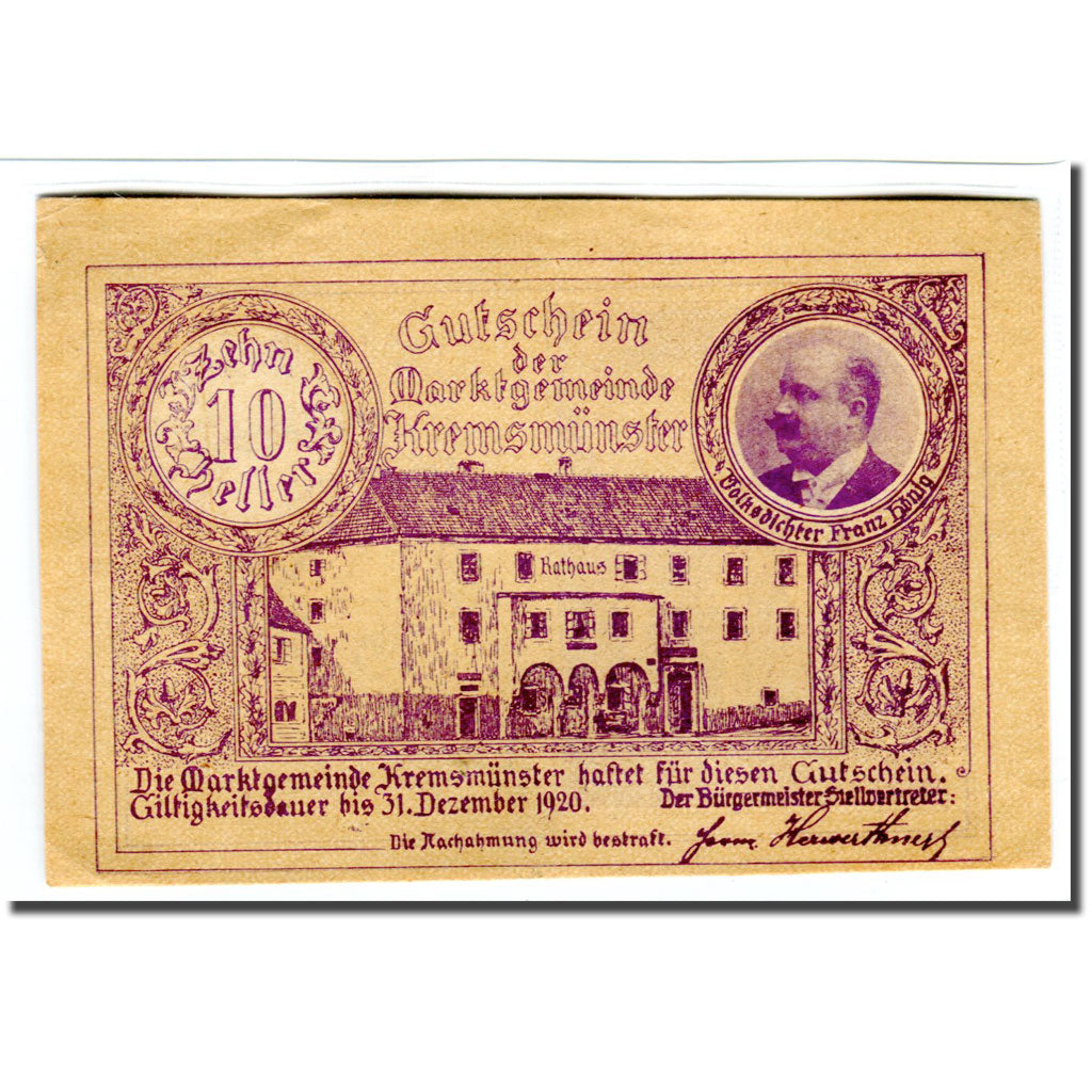 Banknote, Austria, Kremsmunster, 10 Heller, rue, 1920, UNC(63), Mehl:476II