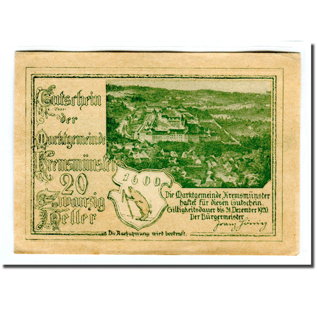 Banknote, Austria, Kremsmunster, 20 Heller, paysage, 1920, UNC(63), Mehl:476II