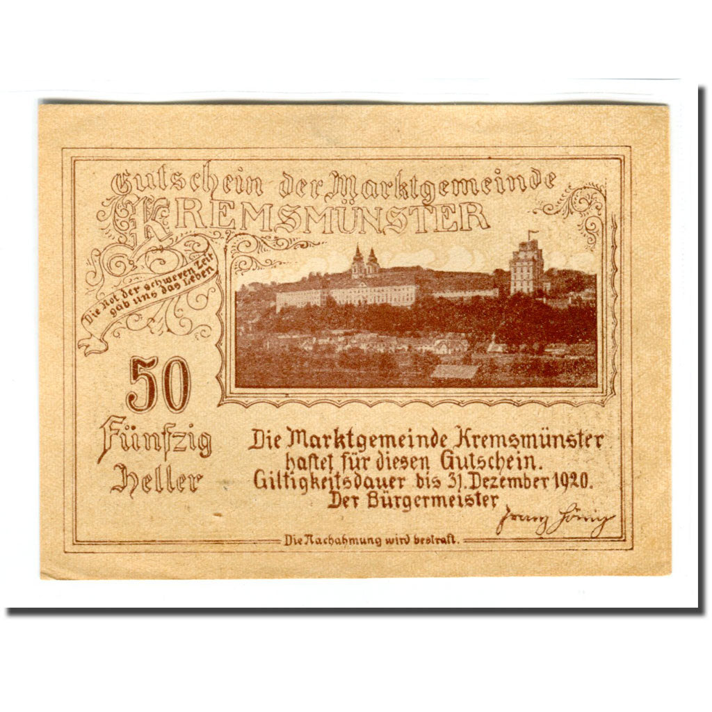 Banknote, Austria, Kremsmunster, 50 Heller, personnage, 1920, UNC(63)