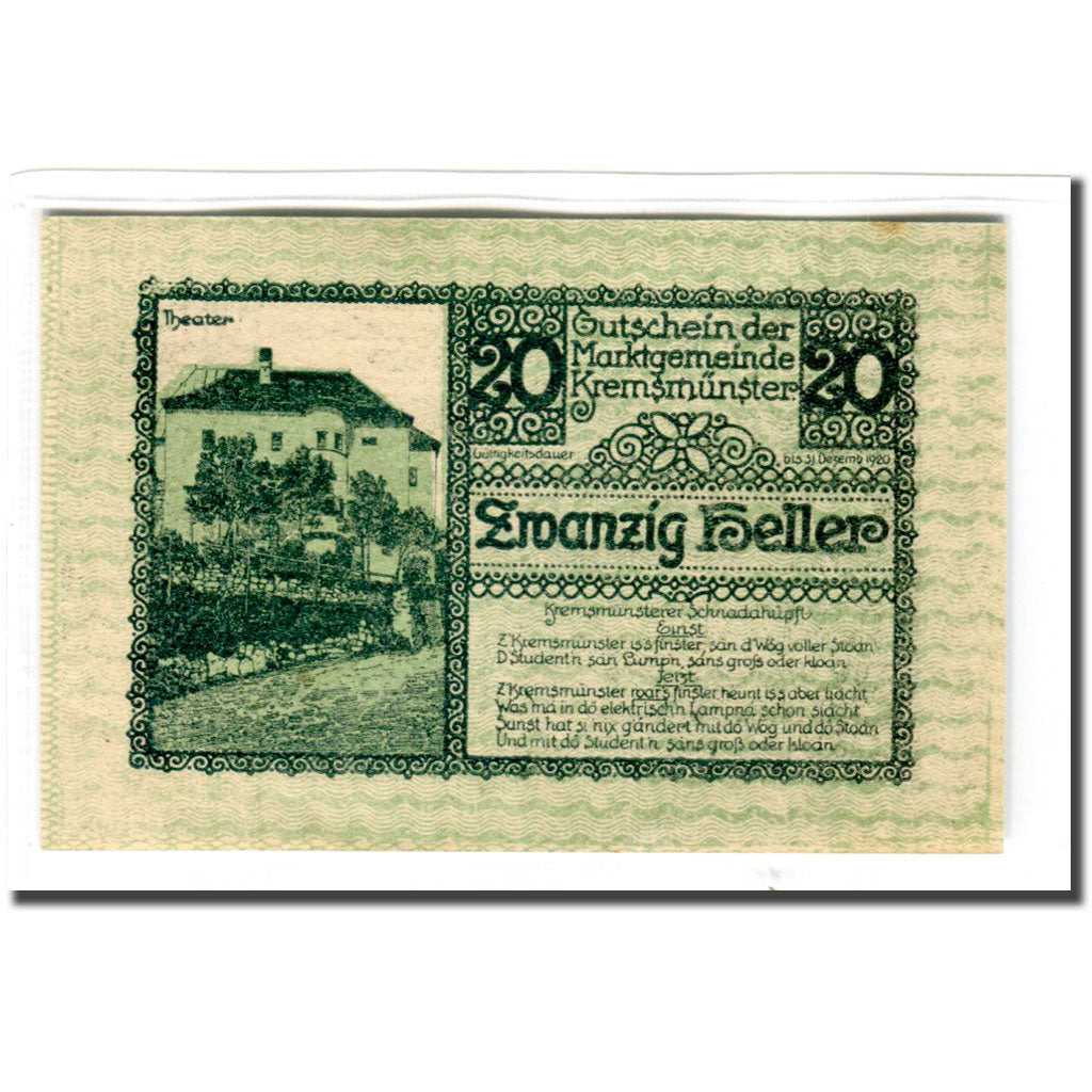 Billet, Autriche, Kremsmunster, 20 Heller, Batiment, 1920, SPL, Mehl:476IIIa