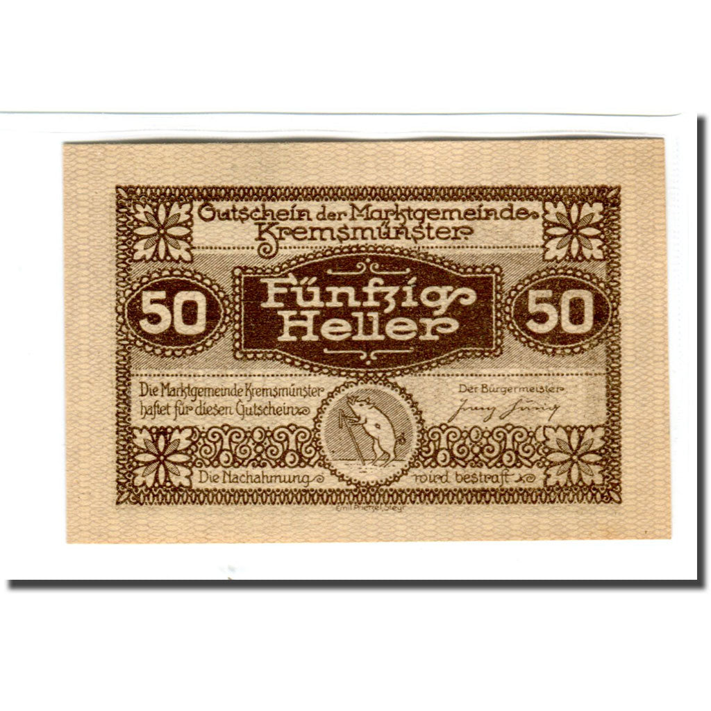 Banknote, Austria, Kremsmunster, 50 Heller, batiment 1, 1920, UNC(63)