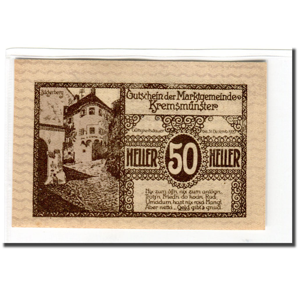 Banknote, Austria, Kremsmunster, 50 Heller, batiment 1, 1920, UNC(63)