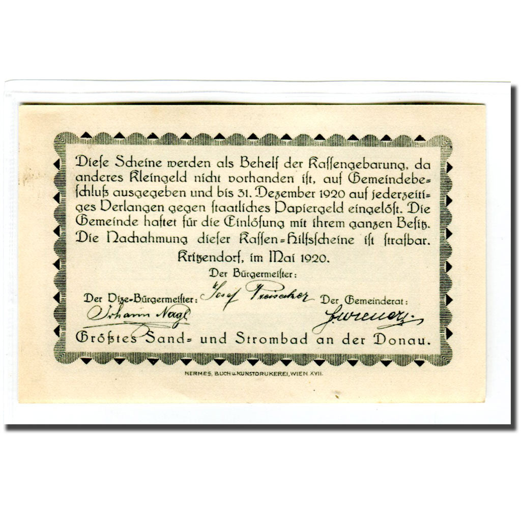 Banconote, Austria, Kritzendorf, 50 Heller, Texte, 1920, SPL, Mehl:484a