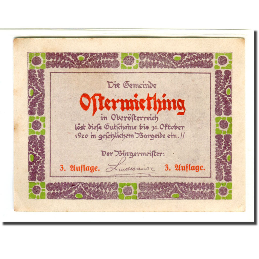 Banknote, Austria, Ostermiething, 20 Heller, personnage, 1920, UNC(63)