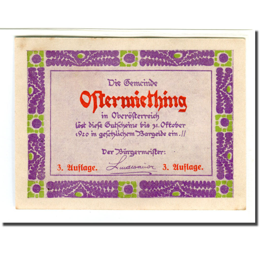 Banknote, Austria, Ostermiething, 40 Heller, personnage 1, 1920, UNC(63)