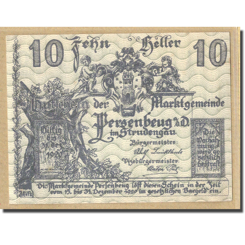Banknote, Austria, Persenbeug, 10 Heller, paysage, 1920, UNC(63), Mehl:735IIa