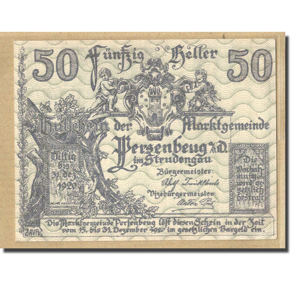 Banknote, Austria, Persenbeug, 50 Heller, paysage 1, 1920, UNC(63), Mehl:735IIa