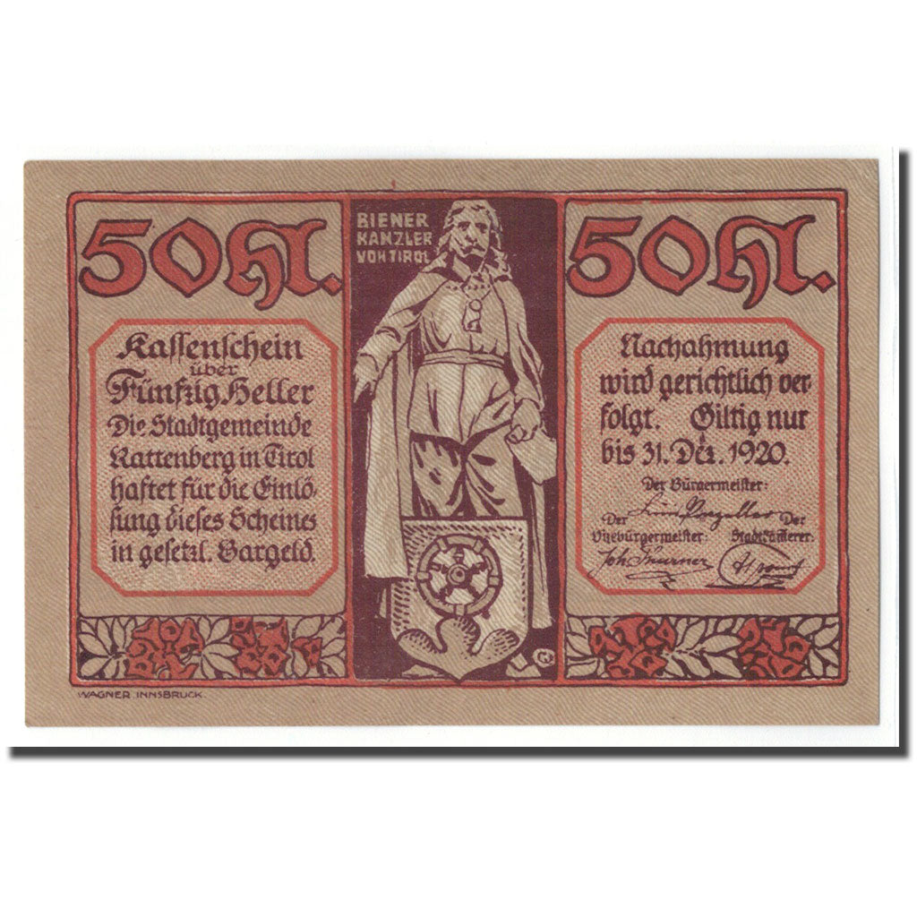 Banconote, Austria, Rattenberg Tirol Stadt, 50 Heller, paysage, 1920, SPL