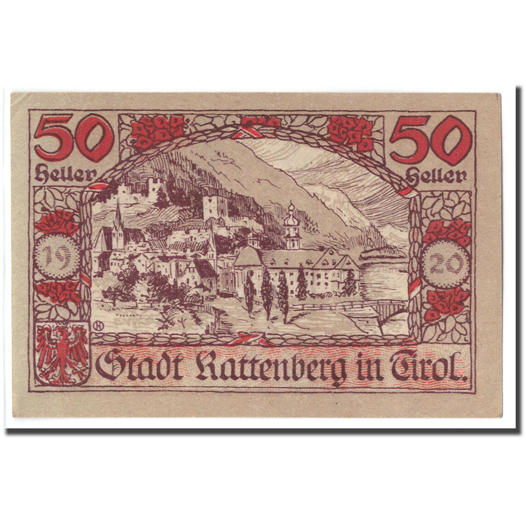 Banconote, Austria, Rattenberg Tirol Stadt, 50 Heller, paysage, 1920, SPL