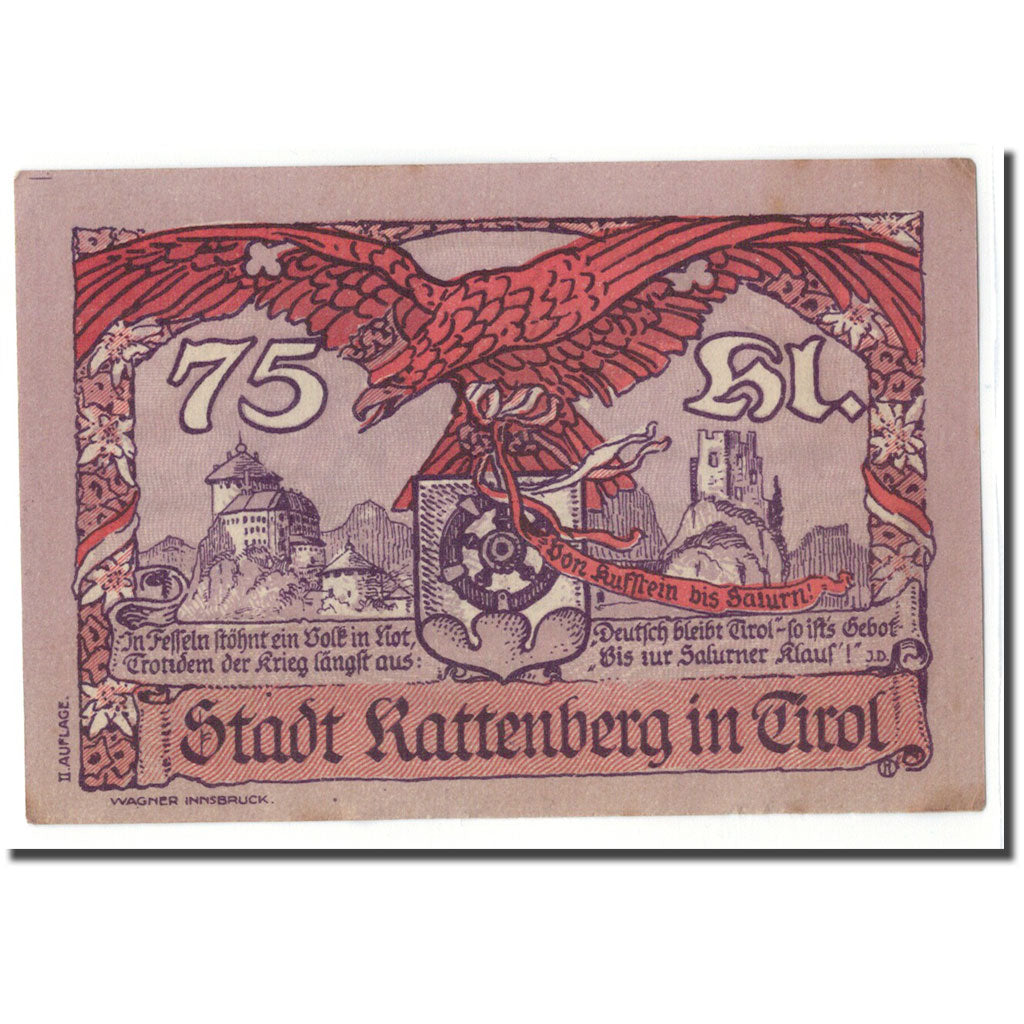 Banknote, Austria, Rattenberg Tirol Stadt, 75 Heller, paysage 1, 1920, UNC(63)