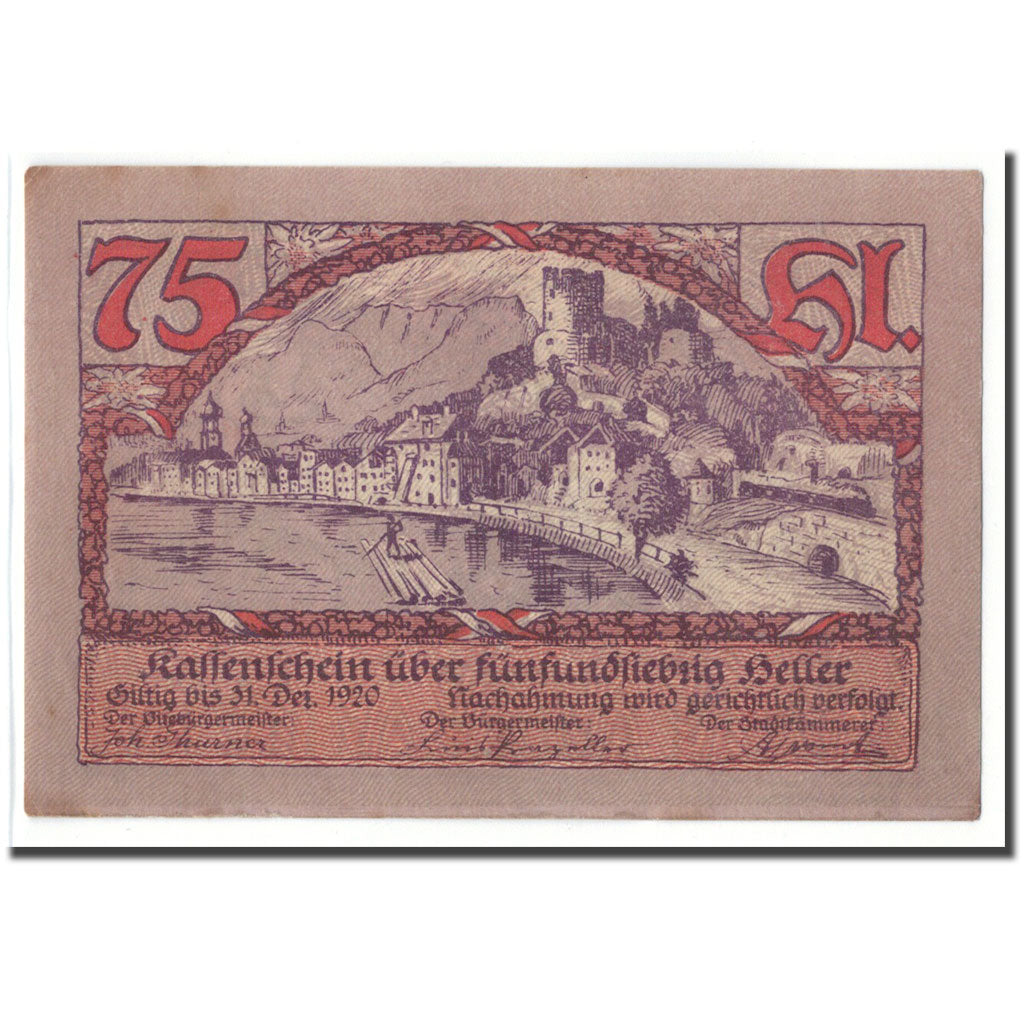 Banknote, Austria, Rattenberg Tirol Stadt, 75 Heller, paysage 1, 1920, UNC(63)