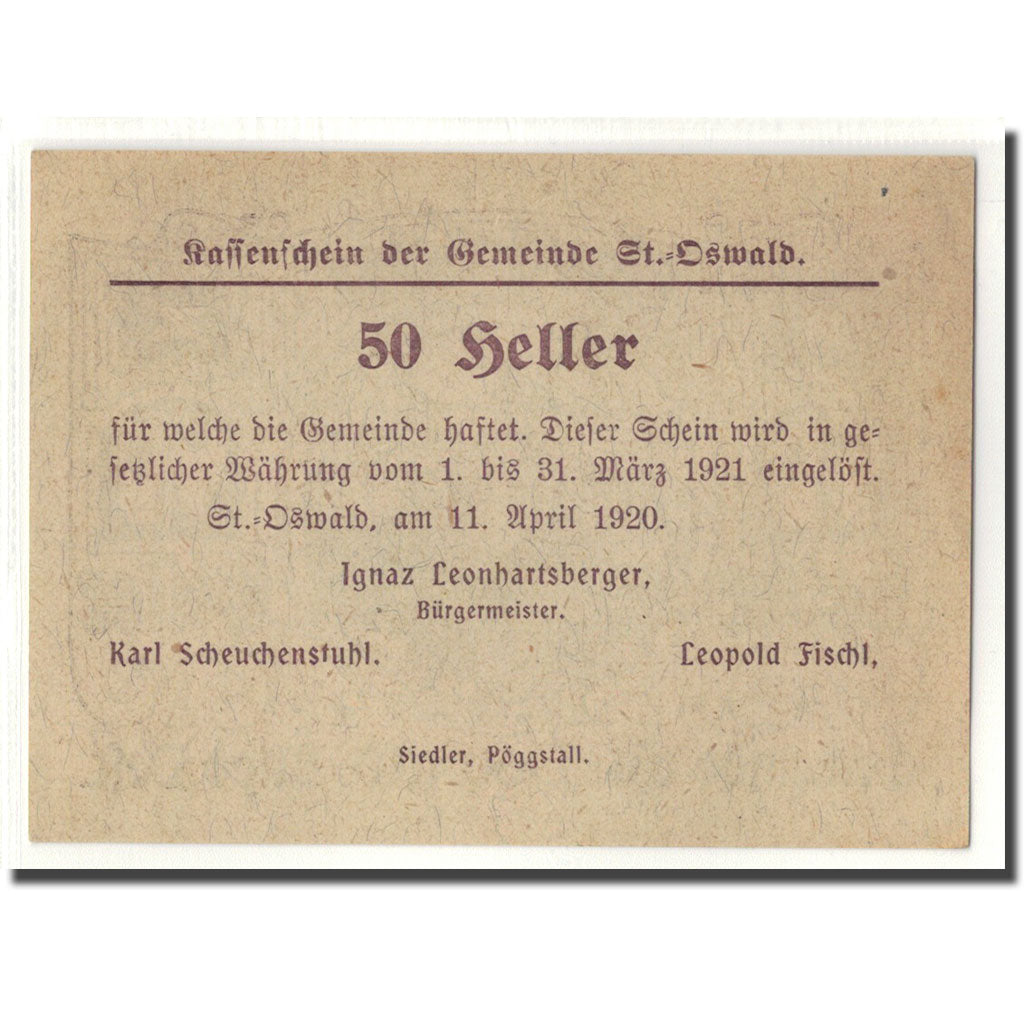Banknot, Austria, St. Oswald N.Ö. Gemeinde, 50 Heller, Texte 2, 1920