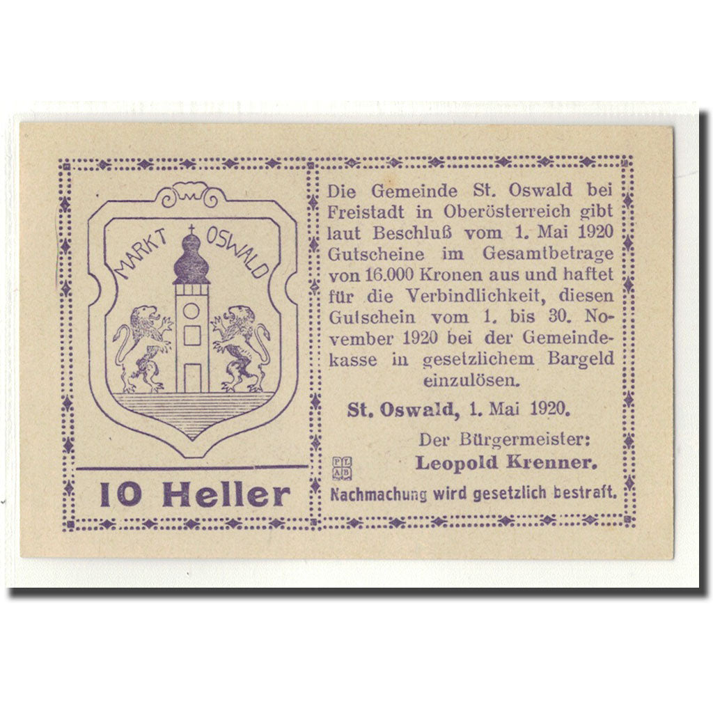 Billete, Austria, St. Oswald N.Ö. Gemeinde, 10 Heller, Texte, 1920, 1920-05-01