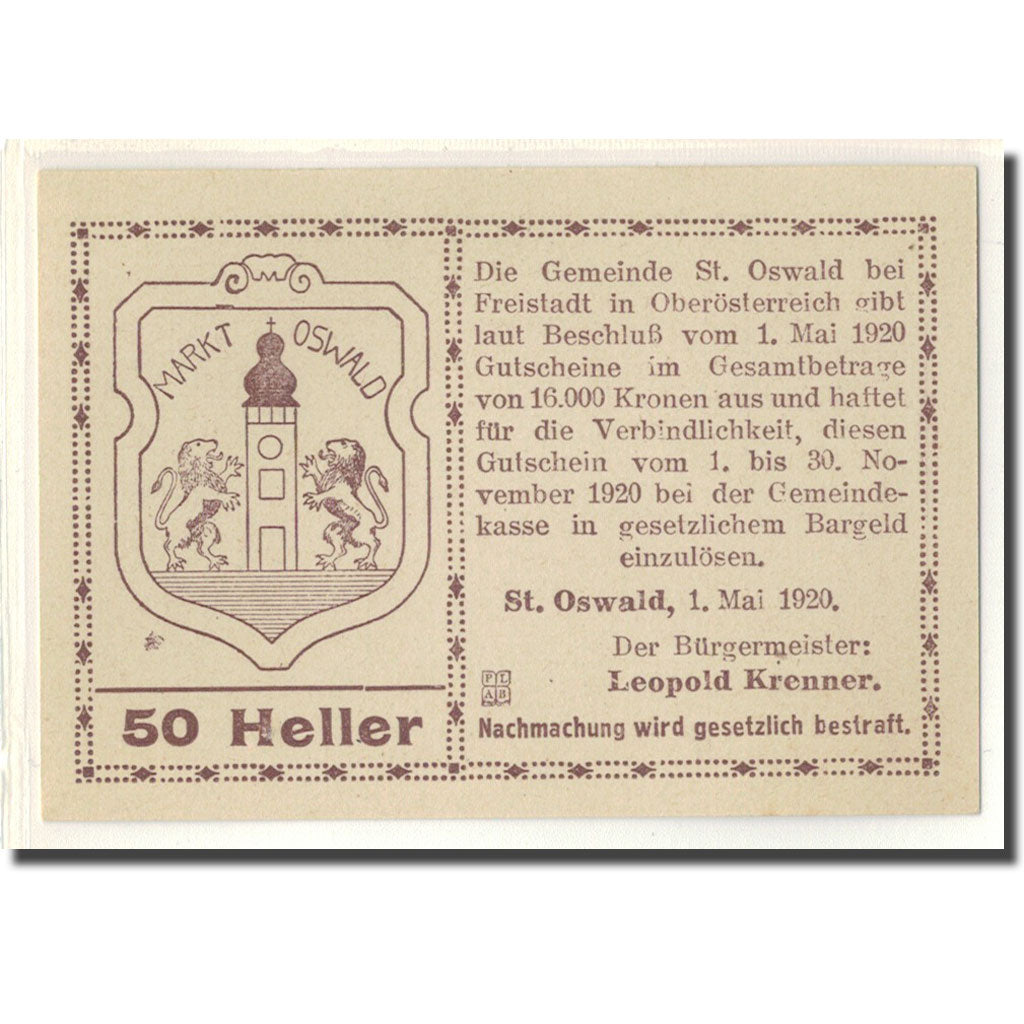 Banknote, Austria, St. Oswald N.Ö. Gemeinde, 50 Heller, texte 1, 1920