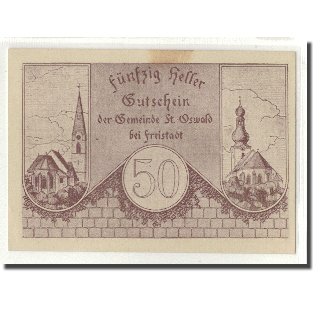 Biljet, Oostenrijk, St. Oswald N.Ö. Gemeinde, 50 Heller, Texte 2, 1920