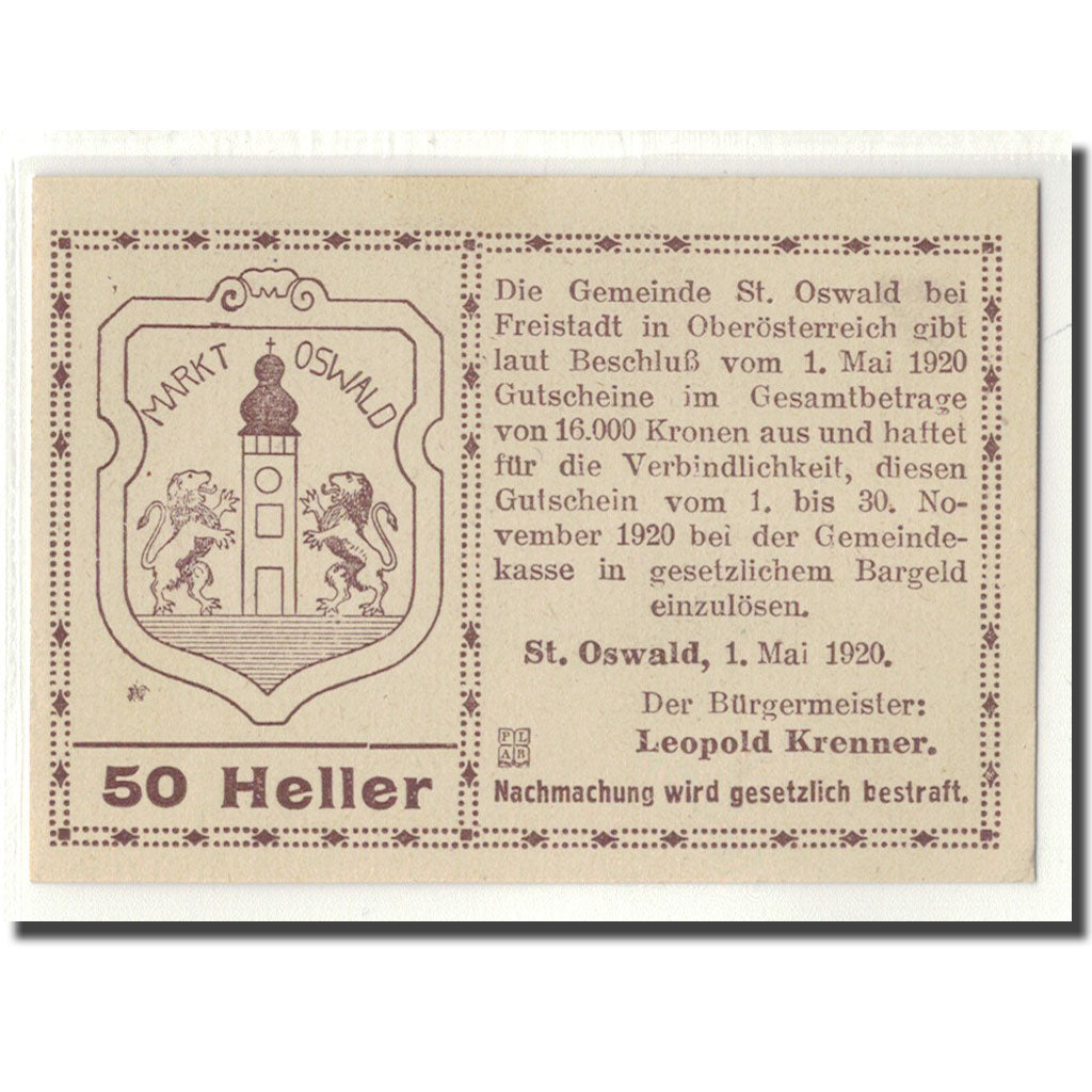 Biljet, Oostenrijk, St. Oswald N.Ö. Gemeinde, 50 Heller, Texte 2, 1920