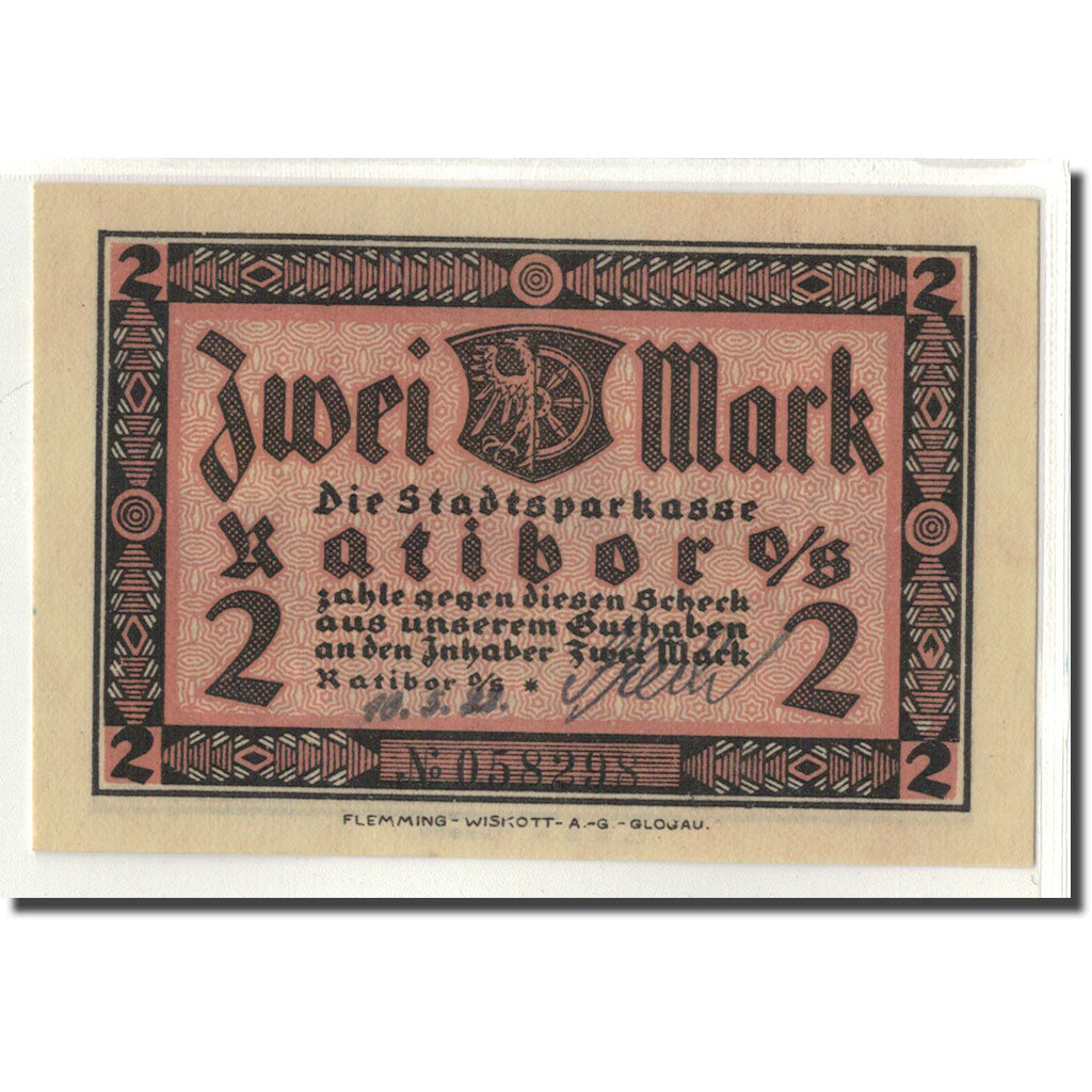 Nota, Alemanha, Ratibor Stadtsparkasse, 2 Mark, paysage, O.D, UNC(63)